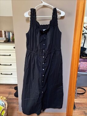 Black Sleeveless Button-Front Midi Dress with Crochet Straps